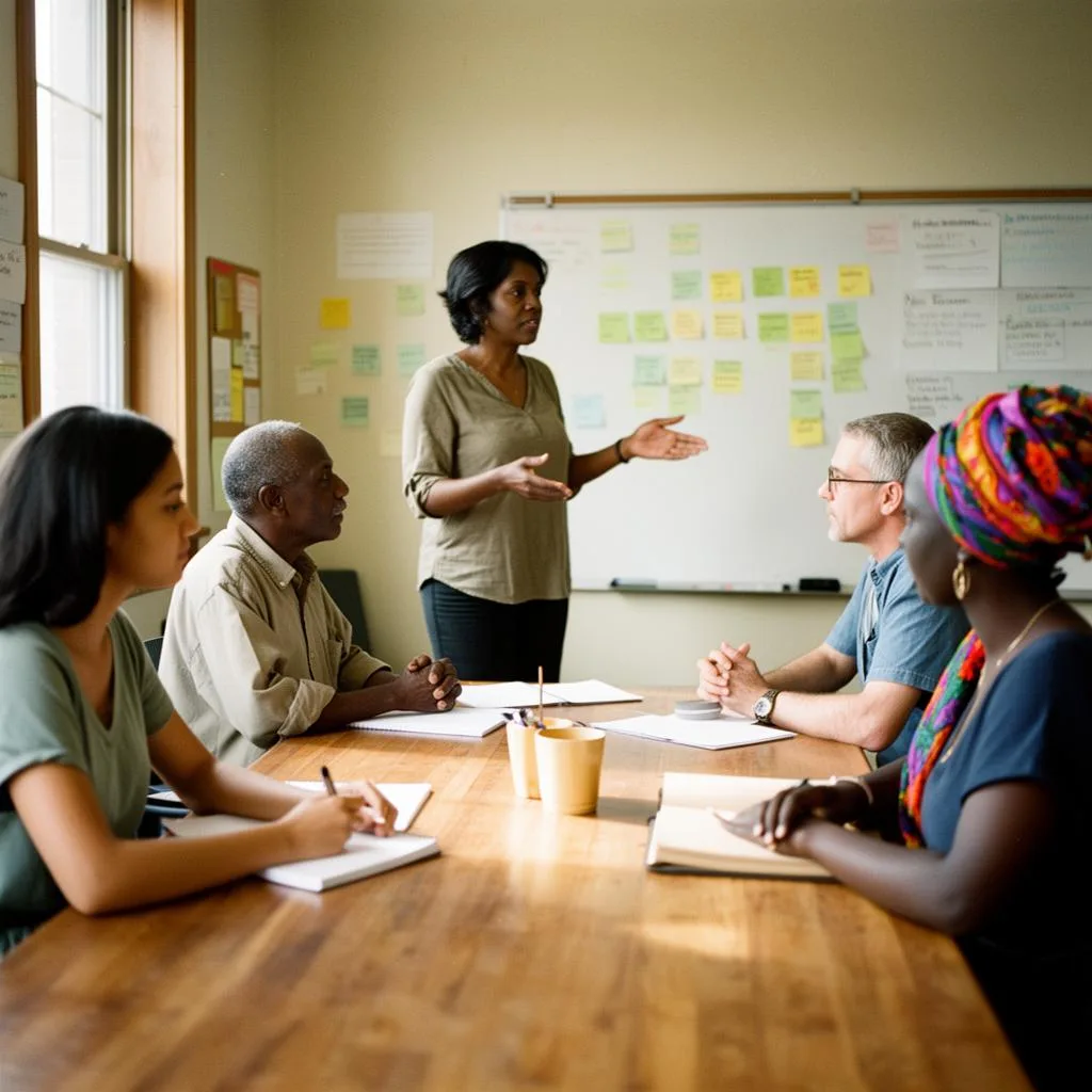 Community leaders collaborating around a table